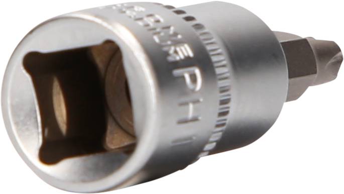 Ein silberner Steckschlüsselaufsatz mit Innensechskant-Bit.