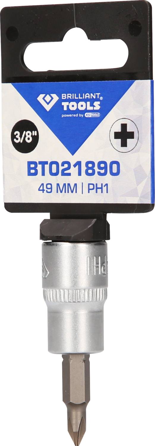 'Brilliant Tools BT021890, 3/8 Zoll, 49 mm, PH1 Schraubenzieheraufsatz.' Ein Schraubenzieherbit mit Verpackung.
