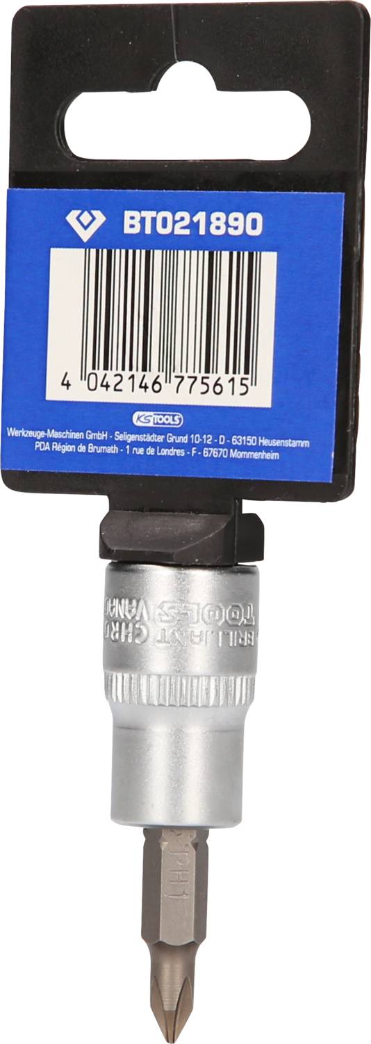 Der Bild zeigt einen silbernen Schraubendreher-Bit mit magnetischem Schnellverschlussadapter, an einer blauen Kunststoffverpackung befestigt.