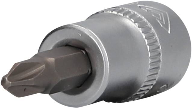 Kreuzschlitz-Bit für Schraubendreher, silbernes Metall, zylindrische Form, seitliche Nahaufnahme.