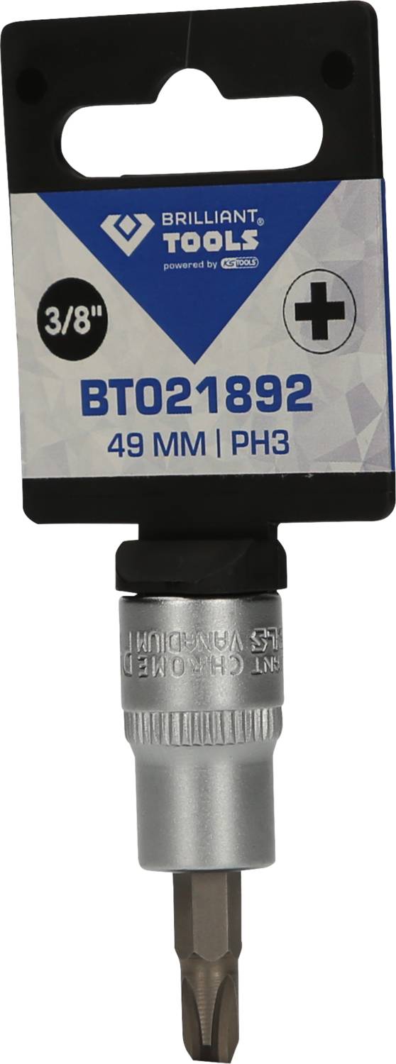 'Brilliant Tools' 3/8 Zoll PH3 Schrauberbit, 49 mm Länge, auf schwarzem und blauem Etikett gezeigt. Geeignet für handwerkliche Arbeiten.