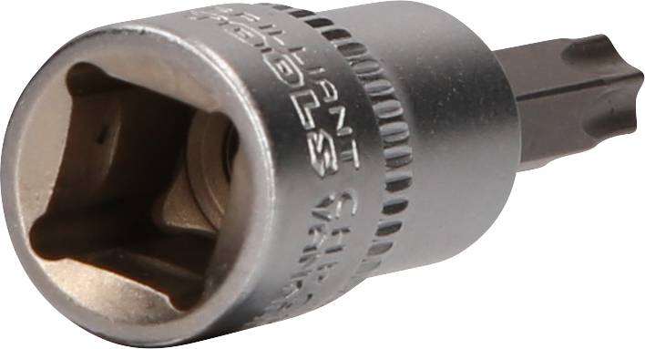 Ein silberner Steckschlüsselaufsatz mit Sechskantprofil und Bit-Einsatz. Geeignet für mechanische und manuelle Anwendungen.