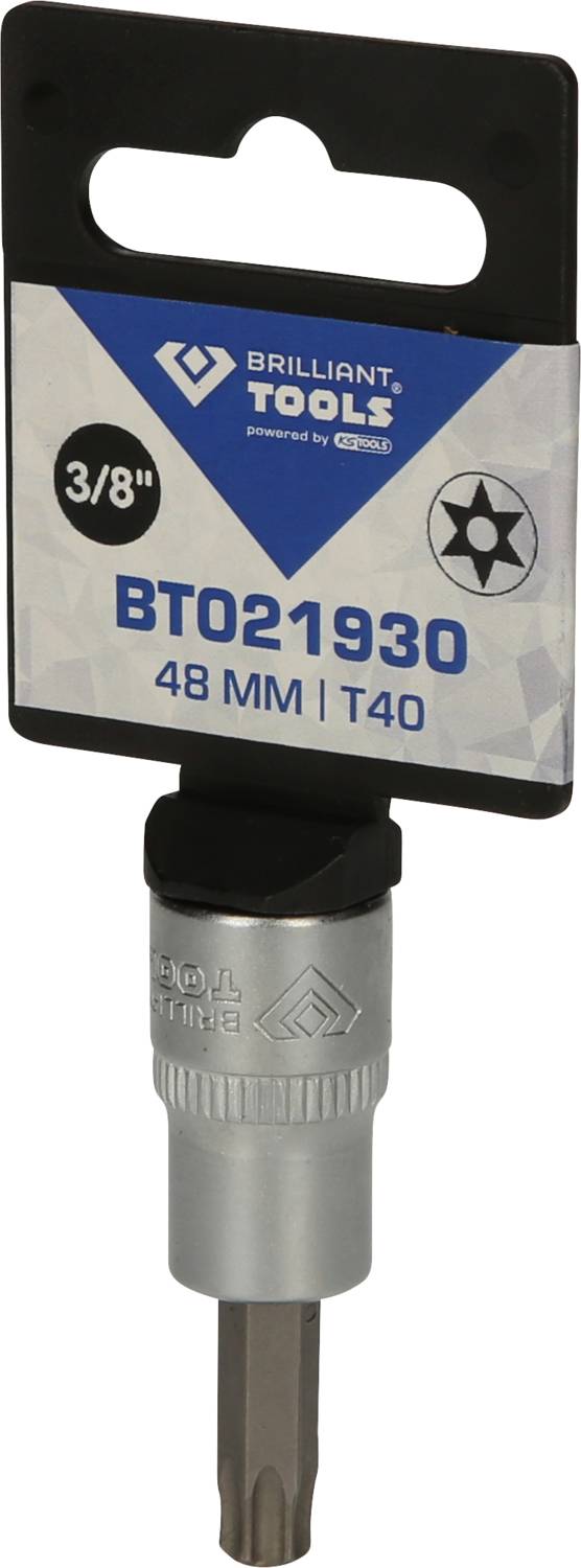 Ein silberner Torx-Bitaufsatz mit schwarzem Griff, auf dem 'Brilliant Tools BT021930 48 MM T40' steht.