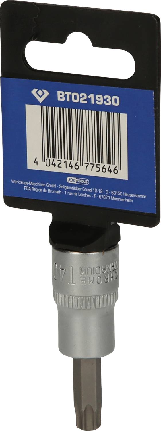 Metallschraubendreheraufsatz in Verpackung, Größe T40, mit Barcode und blauer Produktkarte.