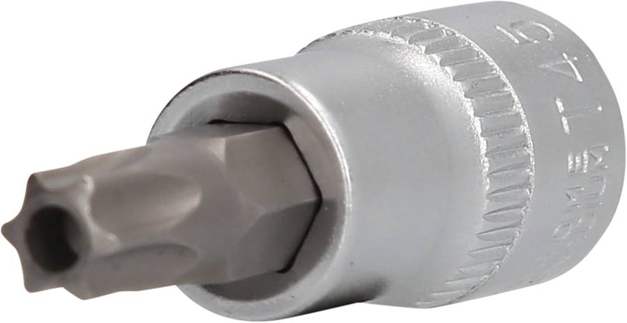 Ein silberner Torx-Schraubendreheraufsatz, T45-Größe, für Steckschlüssel, auf hellem Hintergrund.