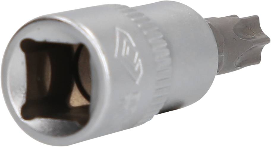 Ein silberner Bitaufsatz für Schraubendreher, mit sechskantiger Fassung und Torx-Spitze, seitlich abgebildet auf weißem Hintergrund.