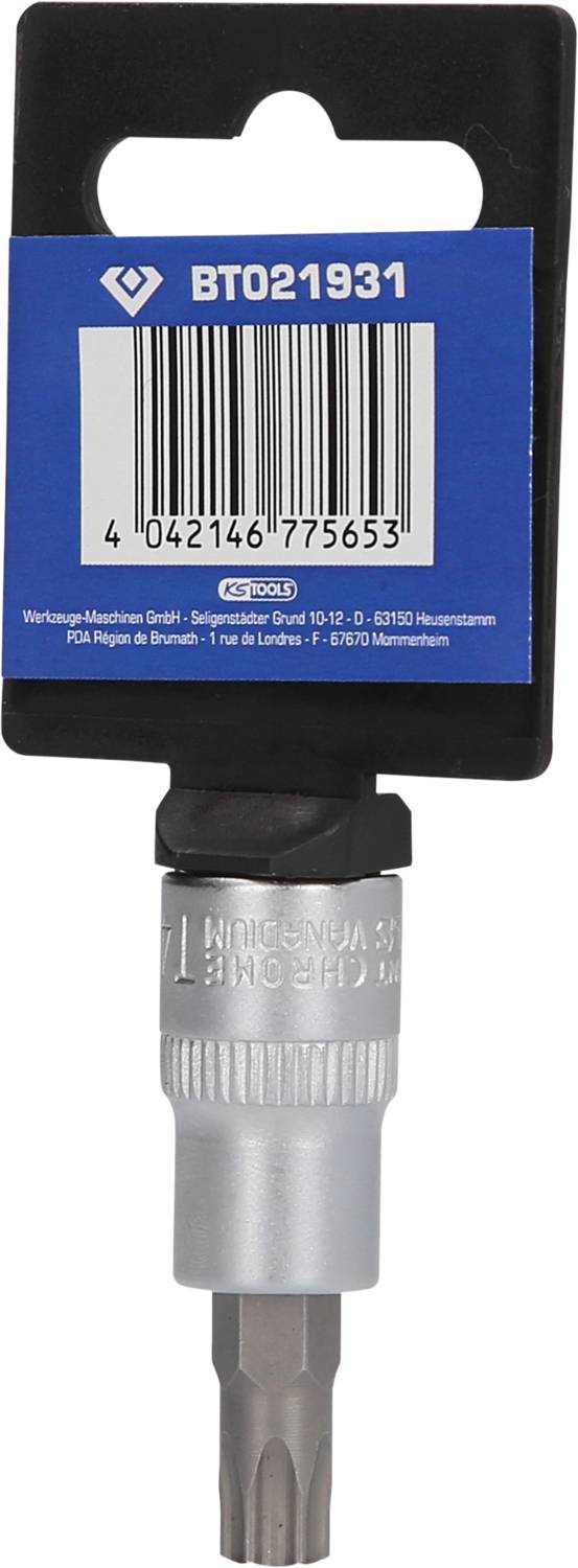 'BTO21931' Bitaufsatz mit Verpackung, silberner Torx-Bit, schwarze Halterung mit blauem Etikett und Barcode oben.