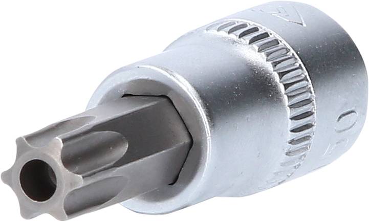 Auf dem Bild ist ein silberner Torx-Bitaufsatz für Schrauben mit einem gezackten Kopf abgebildet.