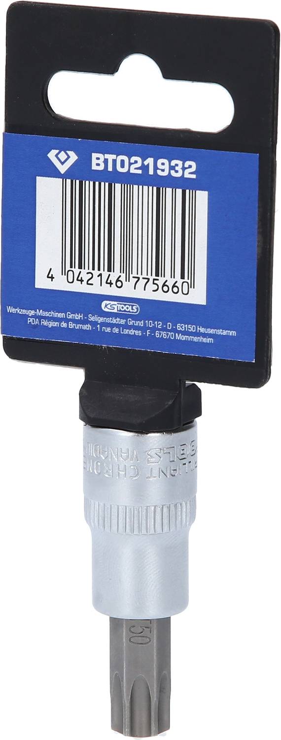 Steckschlüssel mit Torx-Bit, blau-weiße Verpackung, Barcodelabel oben.