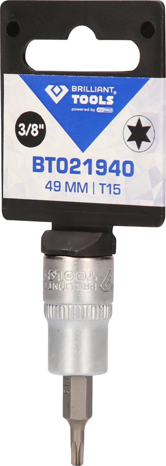 Steckaufsatz mit T15-Torx-Bit, 49 mm Länge, von Brilliant Tools, verpackt in Kunststoffhalterung.