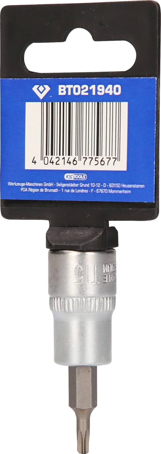 Drehmoment-Adapter mit silbernem, zylinderförmigem Kopf und schwarzem Aufsatz, verpackt mit blau-weißem Etikett und Barcode.