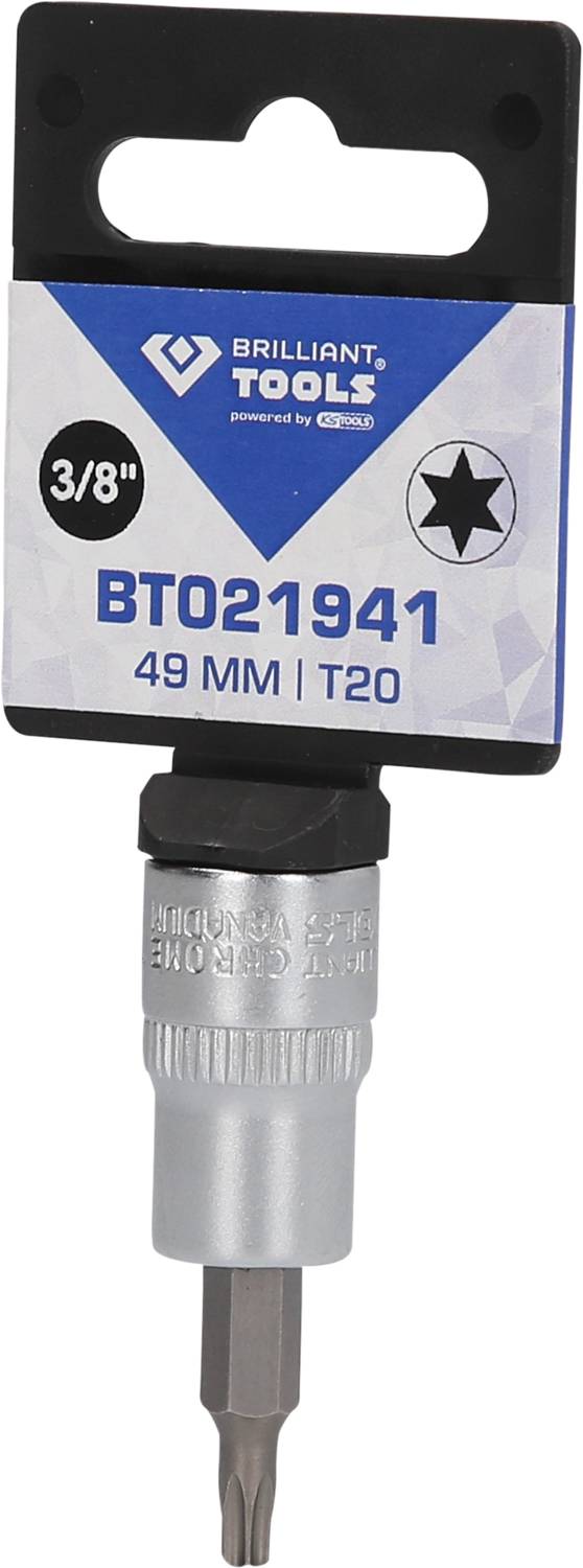 Schraubendreher-Bit mit der Aufschrift 'Brilliant Tools', Größe 49 mm, T20, auf einer Verpackung präsentiert.