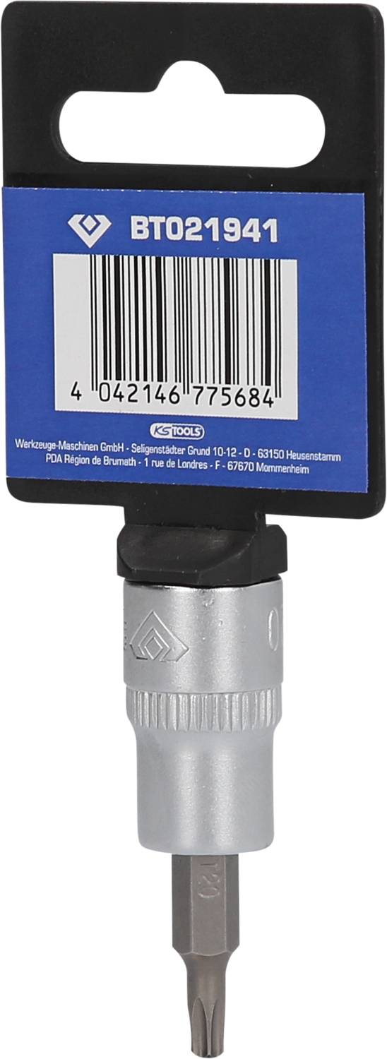 Schraubklinge mit blauem Etikett und Barcode. Produktnummer BT021941. Silberfarbenes Metallteil an der Unterseite.