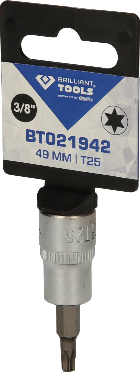 Steckschlüssel-Einsatz von Brilliant Tools, Modell BT021942, 49 mm, T25. Verpackung zeigt Größe und Werkzeugtyp an.