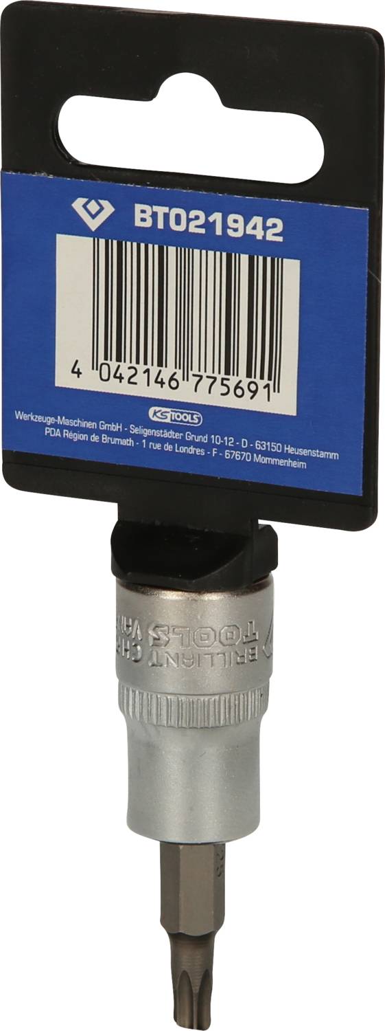 Bitaufsatz mit blauem Etikett, Produktnummer BT021942, schwarzer und silberner Bereich, von Bedrunka+Hirth.