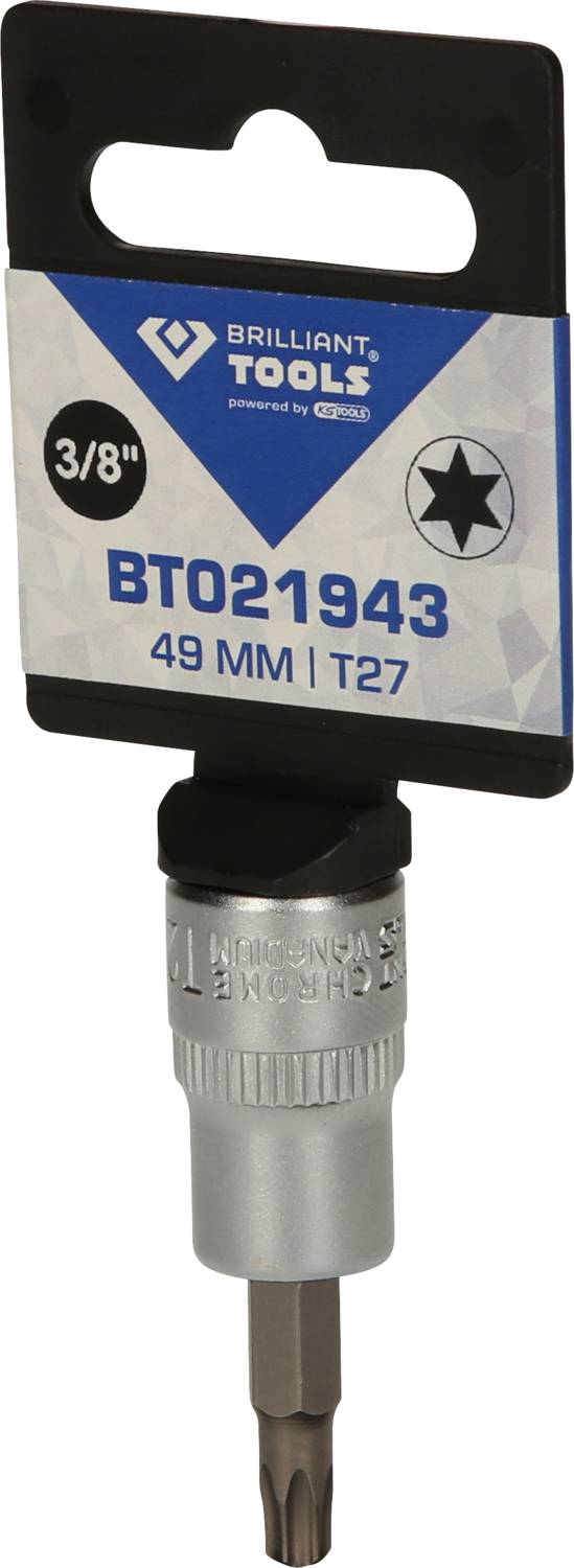Torx-Bit BT021943 von Brilliant Tools, 49 mm Länge, Größe T27, mit 3/8 Zoll Antrieb, auf Blisterverpackung montiert.