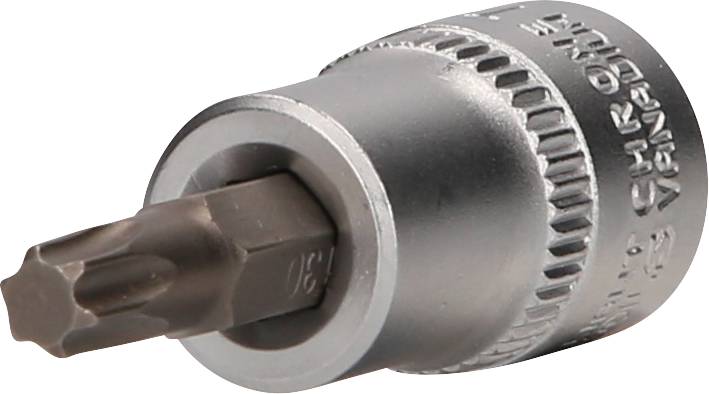 Kleiner Steckschlüsseleinsatz mit Torx-Kopf, silberne Metalloberfläche, gerändelter Rand für besseren Halt. Werkzeug zur Schraubbefestigung.