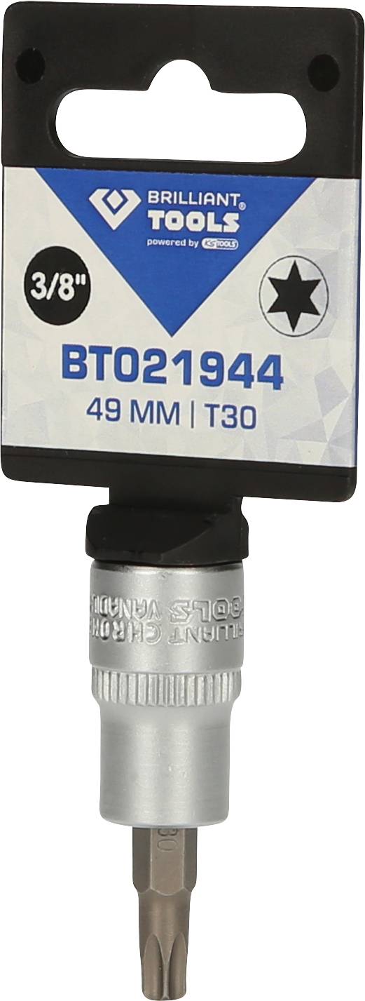 Bitsatz mit 3/8 Zoll Sechskant-Aufnahme, Länge 49 mm, Größe T30. Verpackungsaufdruck: 'BRILLIANT TOOLS', Artikelnummer 'BT021944'.