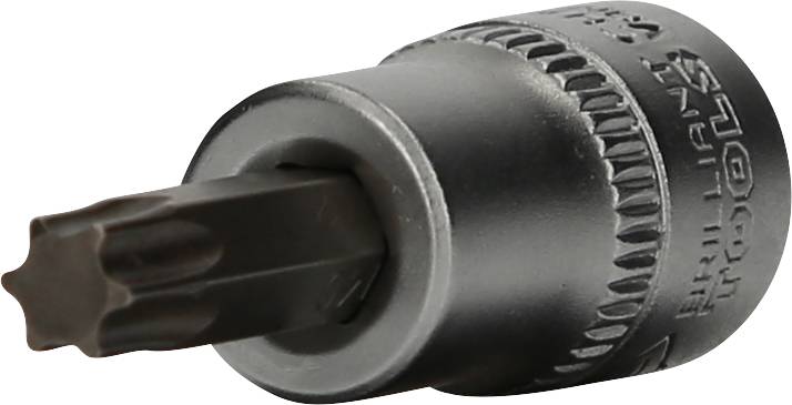 Ein silbernes Werkzeug, speziell eine Torx-Bitaufnahme, geeignet für Arbeiten an Maschinen oder Fahrzeugen.