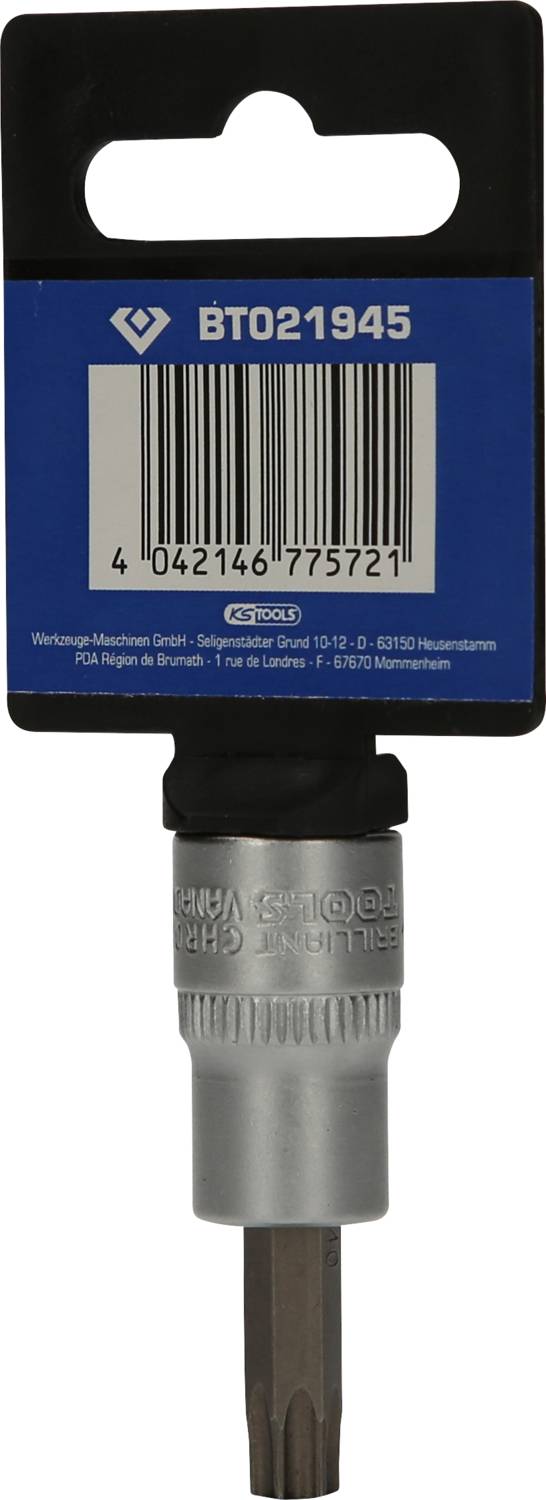 Etikett mit Barcode BT021945, darunter ein T-Schraubendreher-Aufsatz.