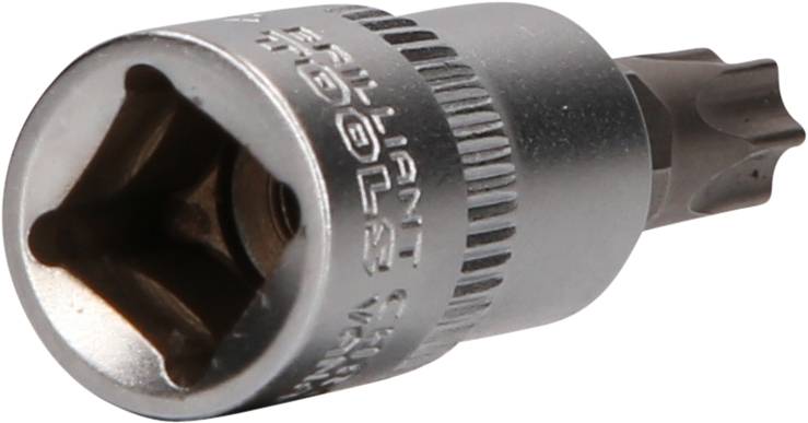 Ein silberner Steckschlüssel mit einem sternförmigen Einsatz, der zur Befestigung oder Entfernung von speziellen Schrauben verwendet wird.