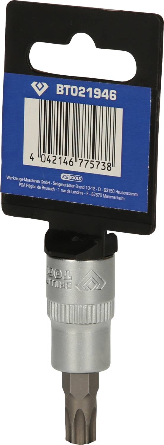 Bitschrauberaufsatz aus Metall mit blauer Verpackung, Artikelnummer 'BT021946' und Barcode, für handgeführtes Werkzeug.