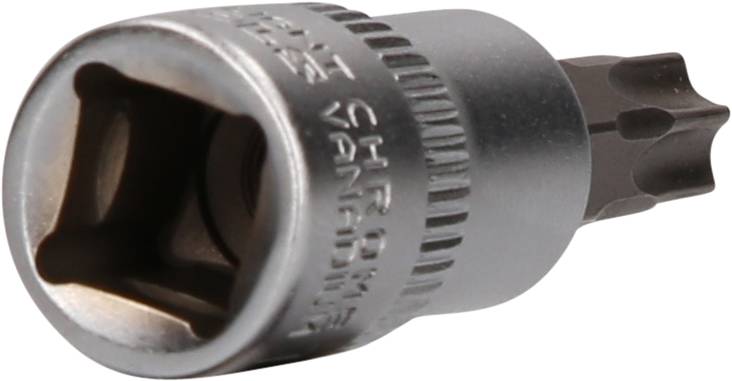 Nahaufnahme eines Sechskant-Schraubenzieherbits mit TORX-Profil, ideal für den Einsatz in Werkstätten zur Befestigung von Schrauben.