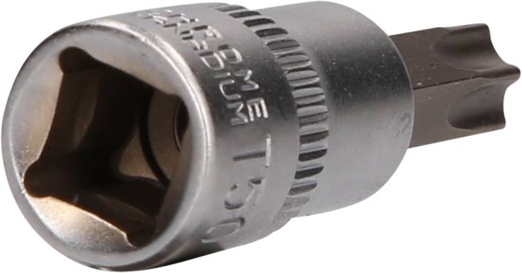 Metallischer T50 Torx-Bit-Aufsatz mit rundem Ende und geriffeltem Griff, geeignet für Schraubarbeiten an Fahrzeugen oder Möbeln.