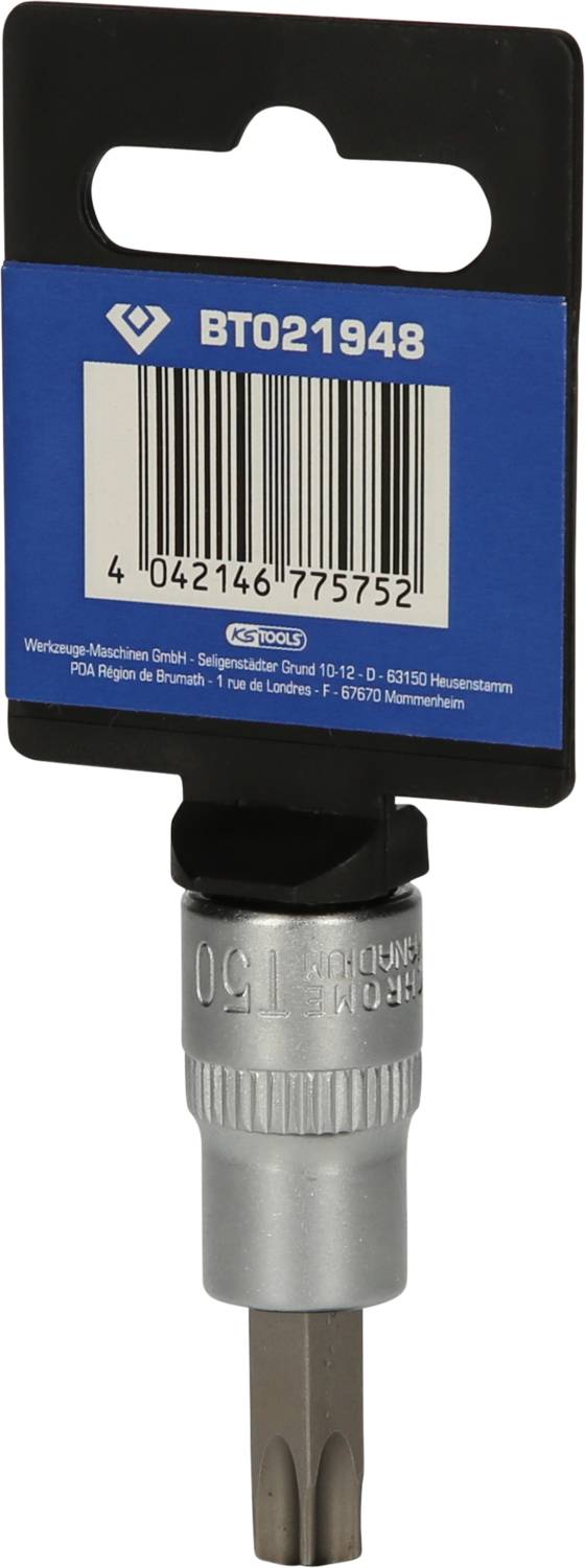 Kleine Torx-Schraubendrehereinsatz mit blauem Etikett oben, Seriennummer 'BT021948'.