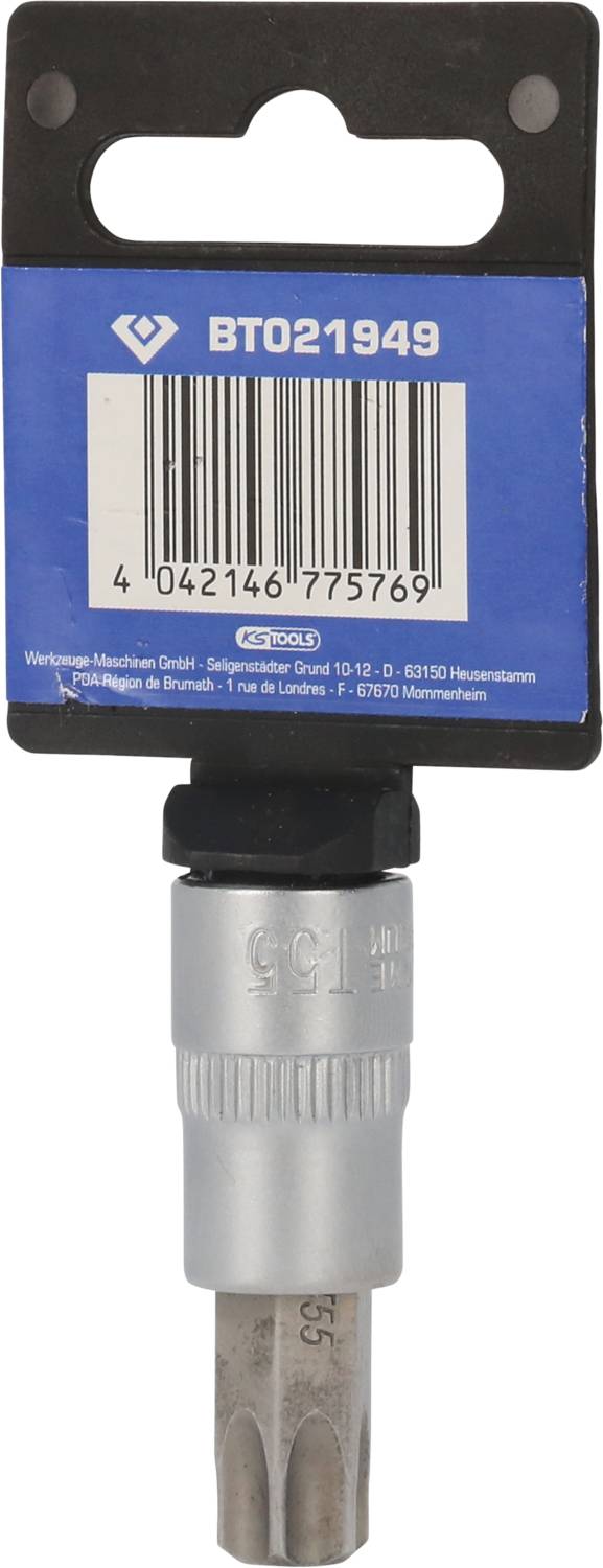 Torx-Bit T55 von BT021949, verpackt in blauem Karton mit Barcode 4042146775769.