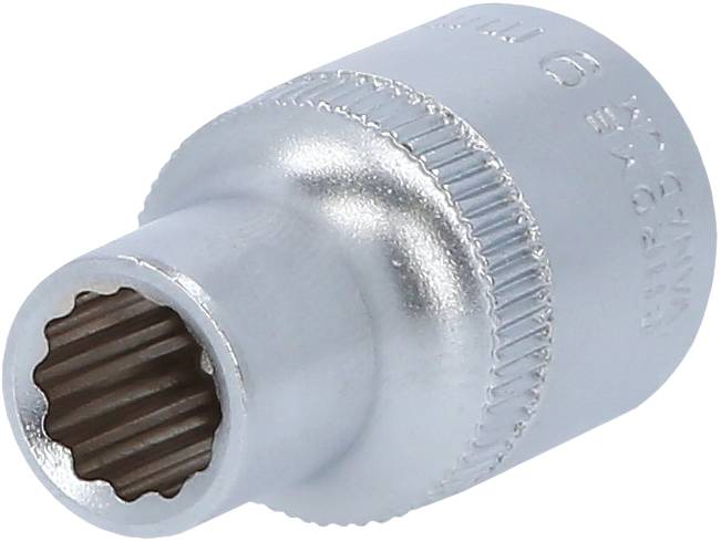 Eine silberne Vielzahnnuss, Werkzeugzubehör, hauptsächlich aus Metall, verwendet für spezifische Befestigungselemente.