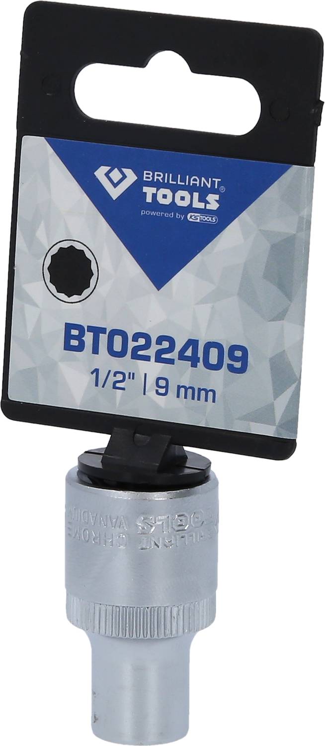Ein silberner Steckschlüsseleinsatz von 'Brilliant Tools' mit der Aufschrift 'BT022409', Größe 1/2 Zoll, 9 mm.