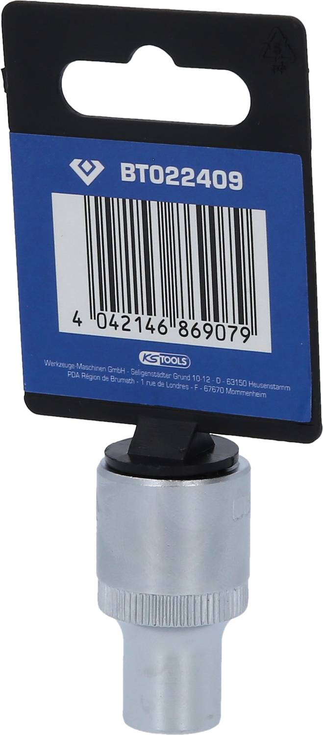 Ein Werkzeugadapter mit einem Barcode-Aufkleber, der die Artikelnummer 'BT022409' zeigt. Verpackt von KS Tools GmbH.