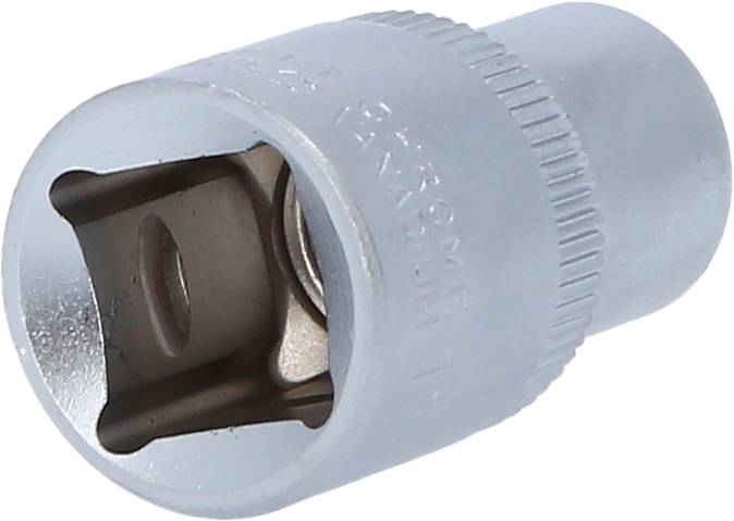 Steckschlüsselaufsatz aus Metall, genutzt zum Anziehen oder Lösen von Schrauben und Muttern, mit geriffelter Oberfläche.