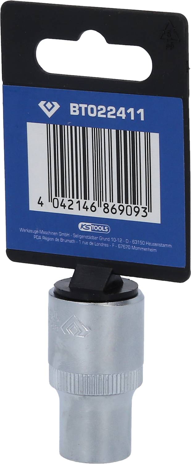 Metall-Steckschlüssel mit blauem Etikett und Strichcode, Produktnummer BTO22411, liegt auf einer weißen Oberfläche.