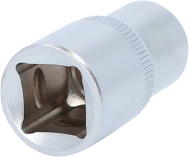 Ein silberner Steckschlüsselaufsatz aus Metall mit runder Form und vierkantigem Innenprofil zum Anbringen auf Ratschen oder Steckschlüsseln.