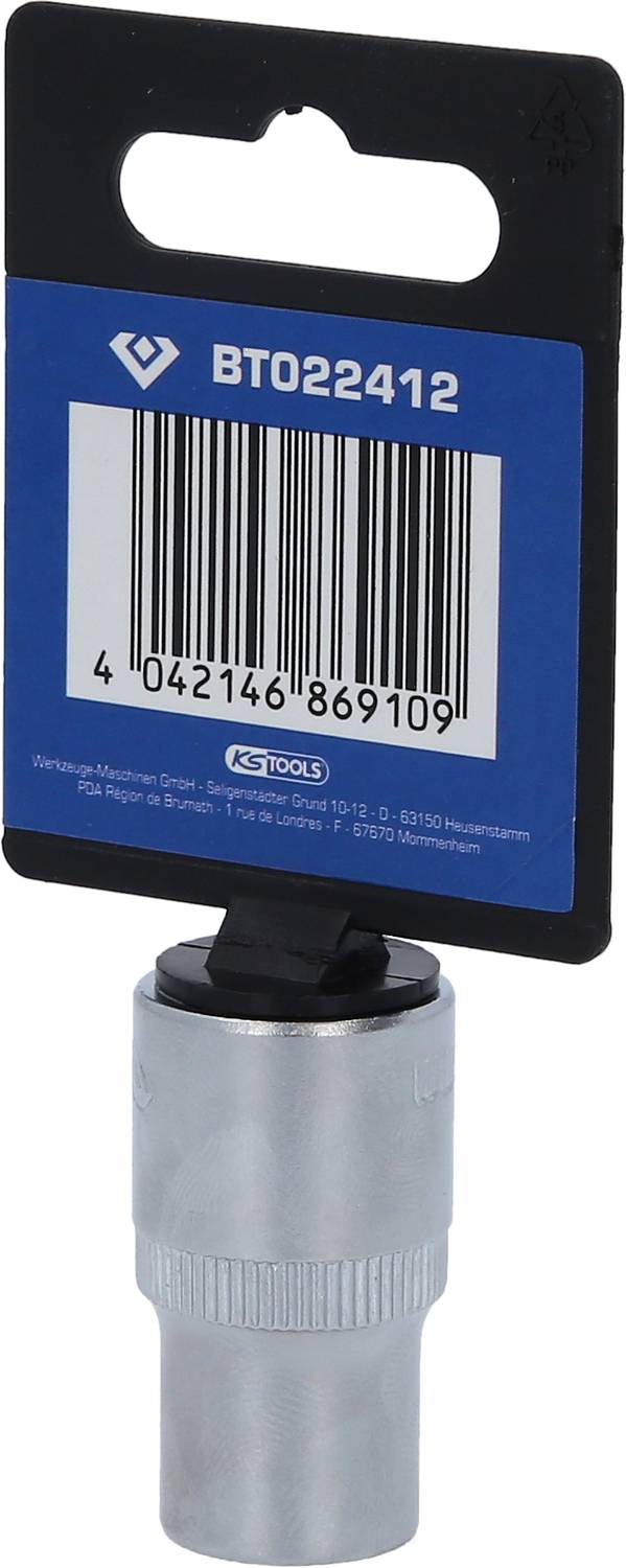 Stecknuss mit schwarzem Etikett, das die Artikelnummer 'BT022412' und einen Barcode zeigt. Verpackungstext beinhaltet Herstellerinformationen.