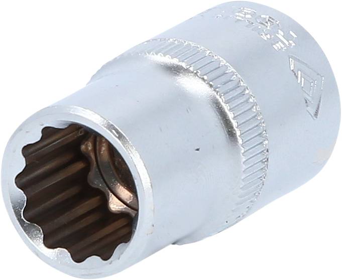 Metallische Stecknuss mit gezahnter Innenseite und geriffeltem Griff, geeignet für verschiedene Schraubaufsätze.