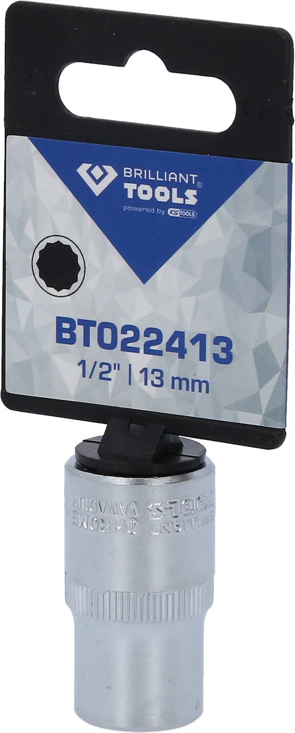 'Brilliant Tools' Steckschlüssel-Einsatz, Modellnummer BT022413, Größe 1/2 Zoll, 13 mm, angebracht an einer Produktverpackung.