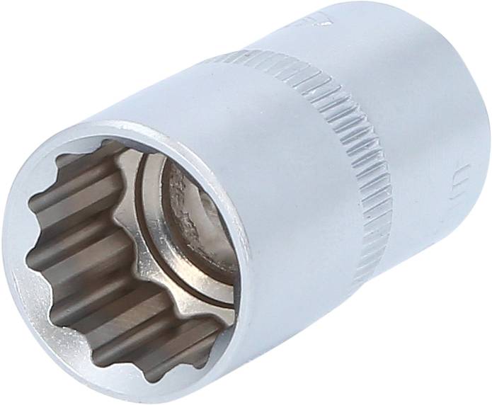 Silberne Stecknuss aus Metall, zylindrisch, mit geriffeltem Außenrand und geriffeltem Innenprofil zur Befestigung auf Schrauben.