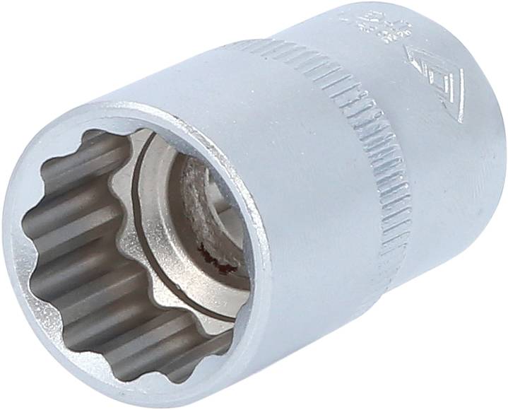 Metallische Vielzahn-Nuss, zylindrische Form mit geriffeltem Rand, zur Verbindung mit einem Drehwerkzeug.