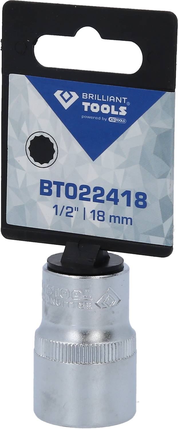 Eine 18 mm Stecknuss von Brilliant Tools, Modellnummer BT022418, auf einer schwarzen Verpackungskarte montiert.