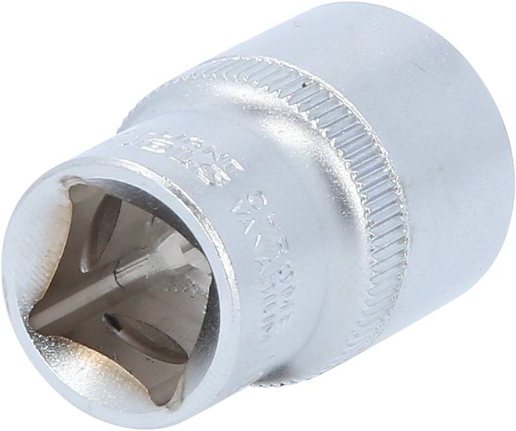 Ein silberner Steckschlüsselaufsatz mit geriffeltem Rand, genutzt zum Festziehen oder Lösen von Schraubenmuttern.