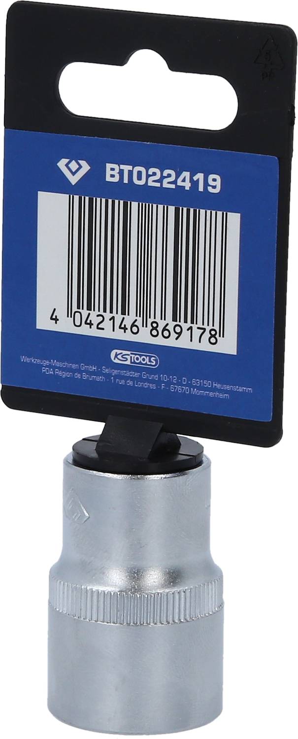 Metallsteckschlüssel mit blauem Etikett, das einen Barcode und die Nummer 'BT022419' zeigt.