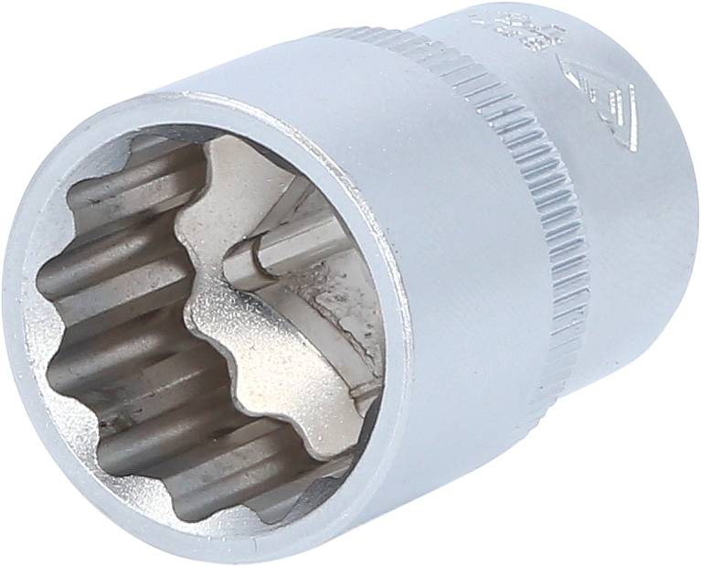 Steckschlüsseleinsatz aus Metall mit gerändeltem Rand und runder Form. Geeignet zum Anziehen und Lösen von Schrauben und Muttern.