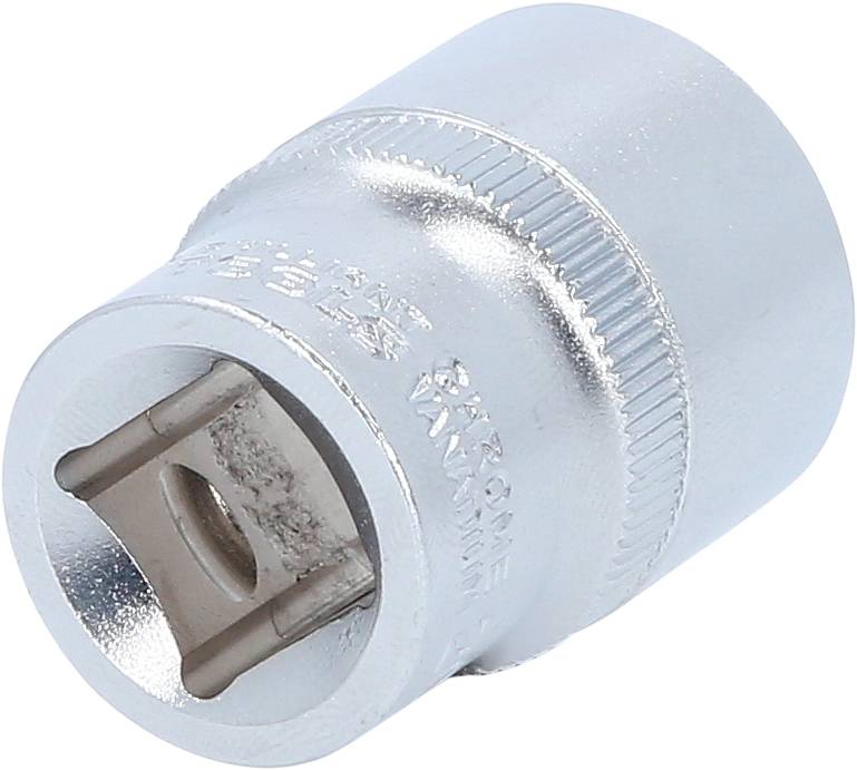 Metall-Steckschlüsselaufsatz, silbern, mit gezahnter Öffnung, zum Lösen von Muttern und Schrauben.