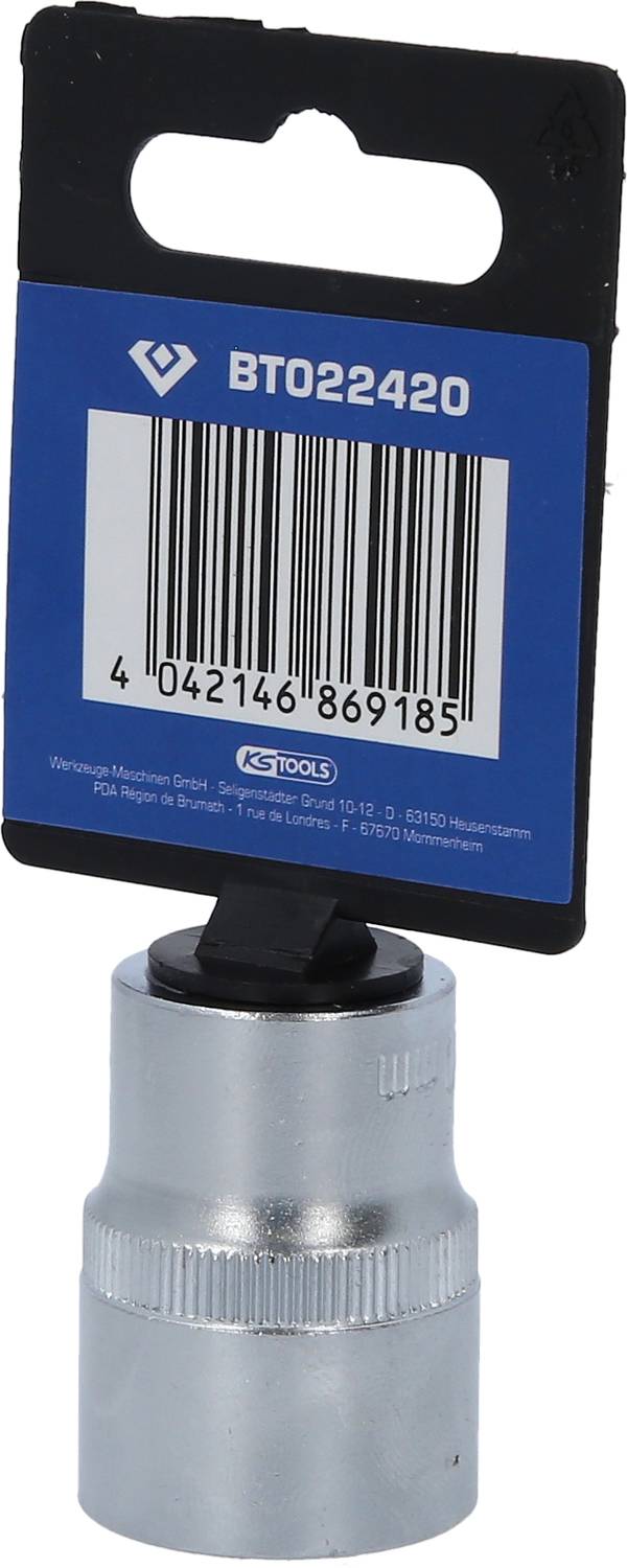 Sechskant-Steckschlüssel mit Produktetikett. Enthält Barcode und Seriennummer 'BTO22420'. Werkzeug aus Metall, geeignet für Maschinenreparaturen.
