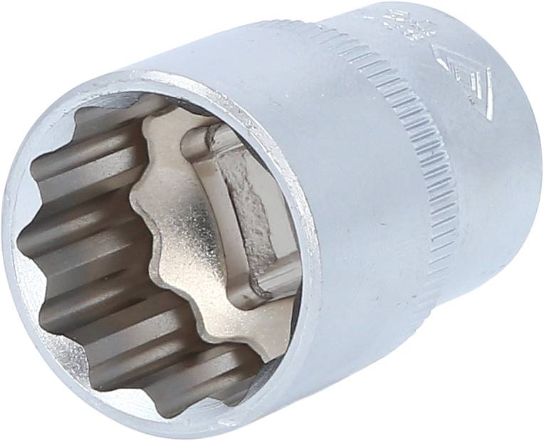 Steckschlüssel, zwölfkantig, aus Metall, linksseitige Ansicht. Hauptsächlich für das Festziehen oder Lösen von Muttern oder Schrauben.