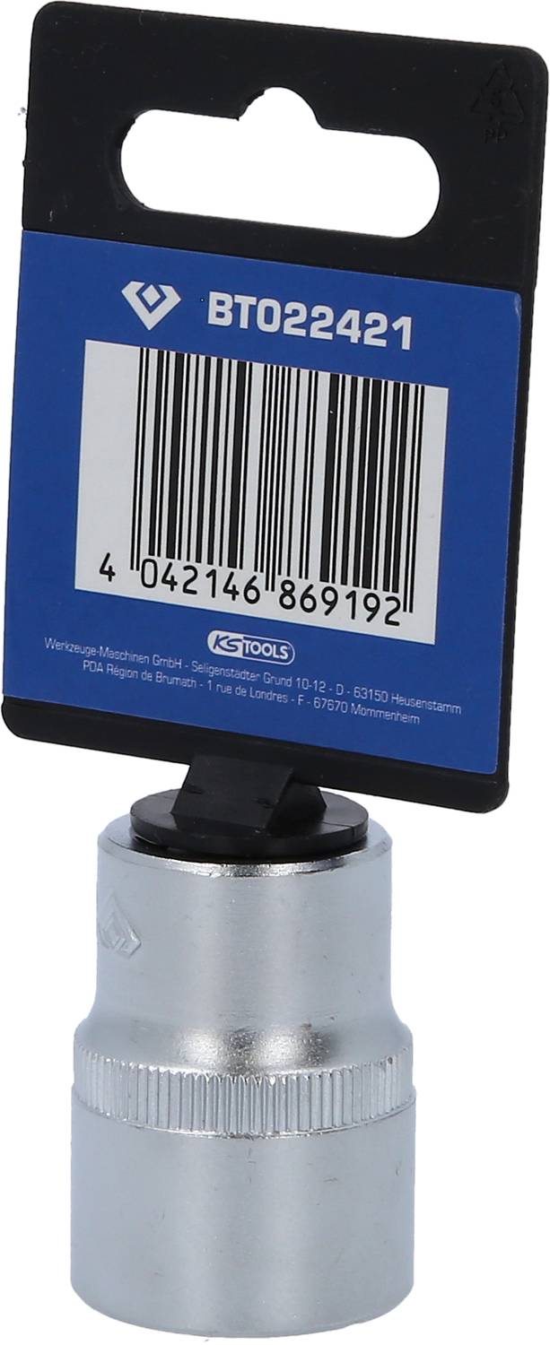 Metallverbindungsteil mit Etikett 'BTO22421', Barcode: 404216869192. Verpackt in einer blauen Karte mit schwarzem Haken.