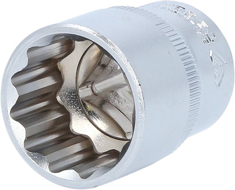 Ein silberner Steckschlüsseleinsatz, zylindrisch und aus Metall. Er hat eine runde Öffnung mit mehreren Zähnen an der Innenseite.